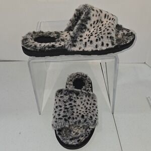 Stars Above Womens Faux Fur Leopard Print Slide Slippers Size 9 Gray Black White